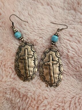 Source Unknown Antique Gold Cross Drop Earrings with Turquoise Beads
